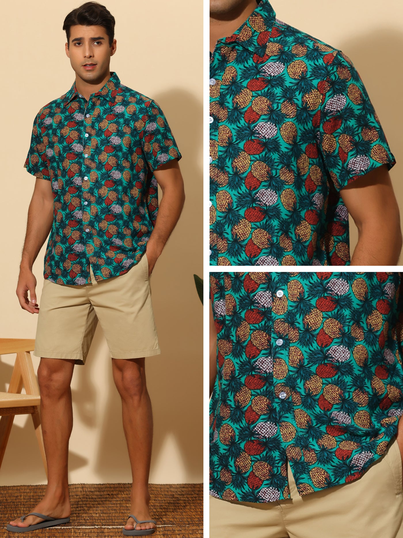 Bublédon Pineapple Print Shirt for Men's Hawaiian Short Sleeve Tropical Fruit Printed Shirts