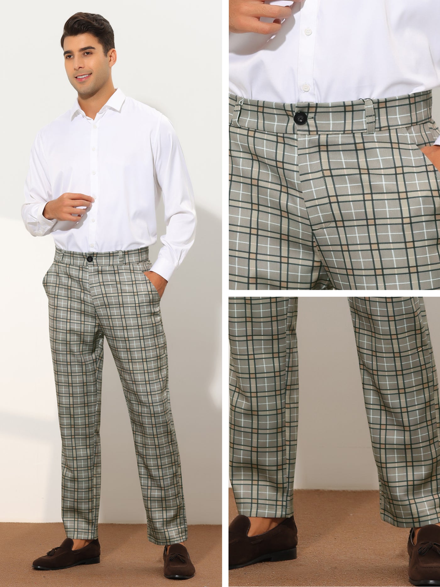 Bublédon Formal Plaid Suit Pants for Men's Straight Fit Casual Checked Pattern Trousers