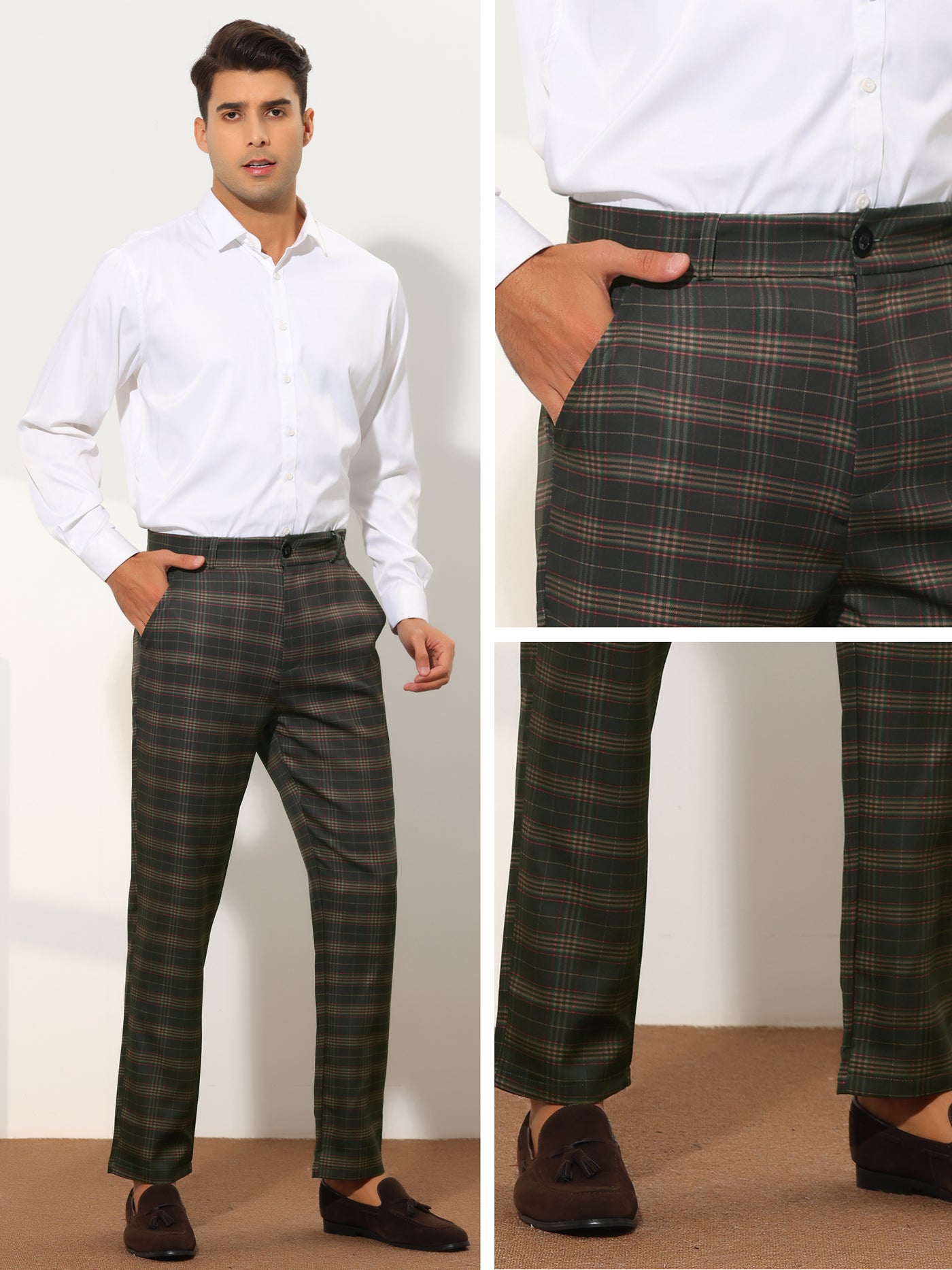 Bublédon Formal Plaid Suit Pants for Men's Straight Fit Casual Checked Pattern Trousers