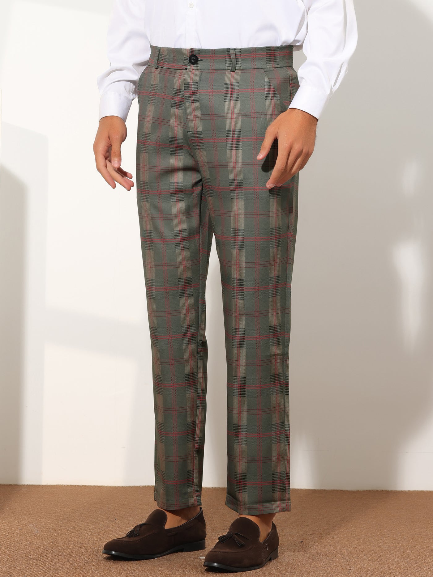 Bublédon Plaid Suit Pants for Men's Straight Fit Button Closure Casual Business Checked Trousers