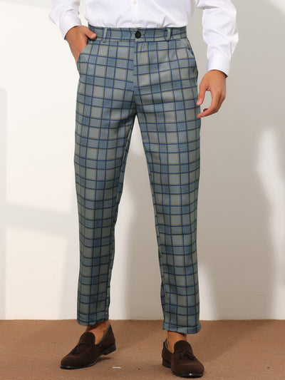 Plaid Suit Pants for Men's Straight Fit Button Closure Casual Business Checked Trousers