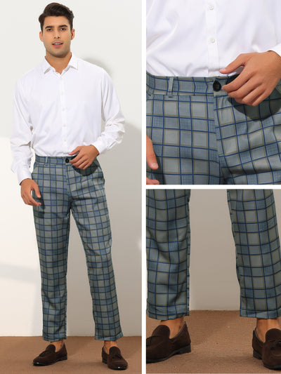Plaid Suit Pants for Men's Straight Fit Button Closure Casual Business Checked Trousers