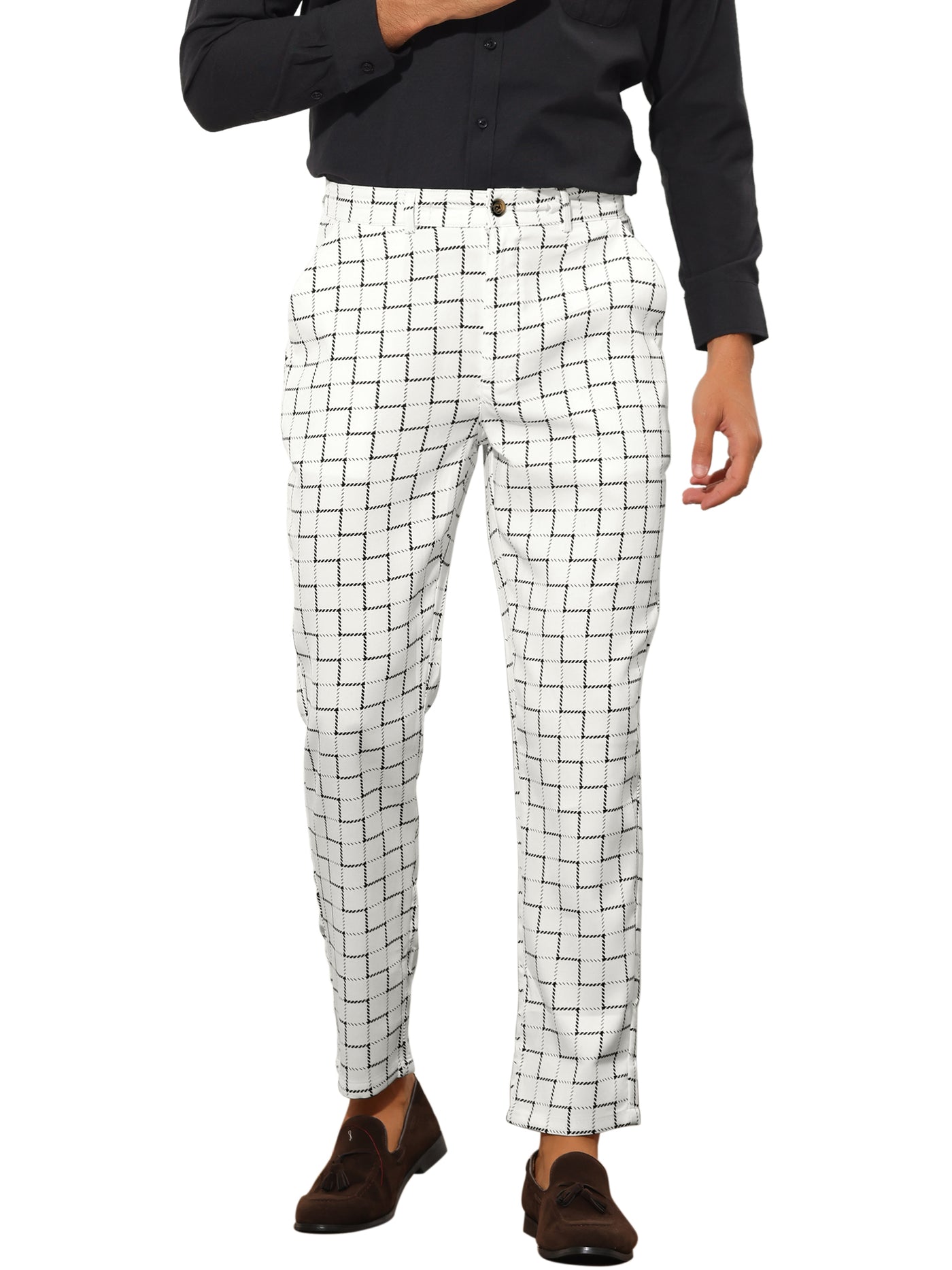Bublédon Plaid Pants for Men's Checked Flat Front Slim Fit Tapered Formal Trousers