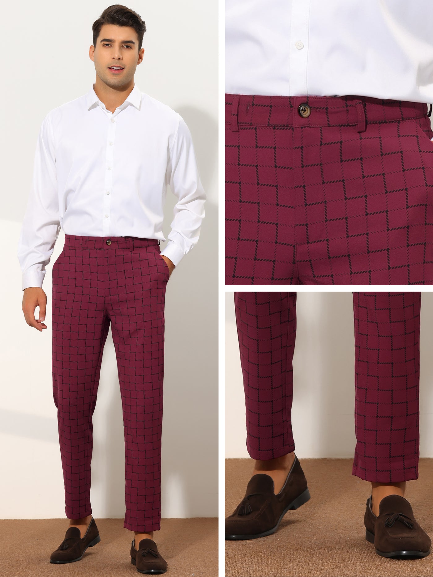 Bublédon Plaid Pants for Men's Checked Flat Front Slim Fit Tapered Formal Trousers