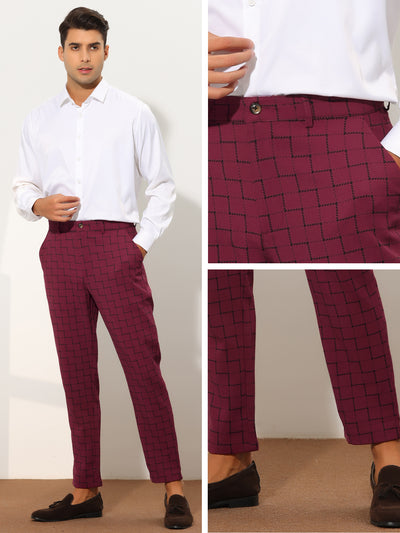Plaid Pants for Men's Checked Flat Front Slim Fit Tapered Formal Trousers