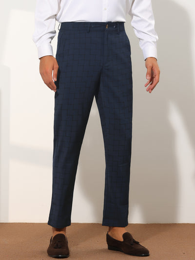 Plaid Pants for Men's Checked Flat Front Slim Fit Tapered Formal Trousers