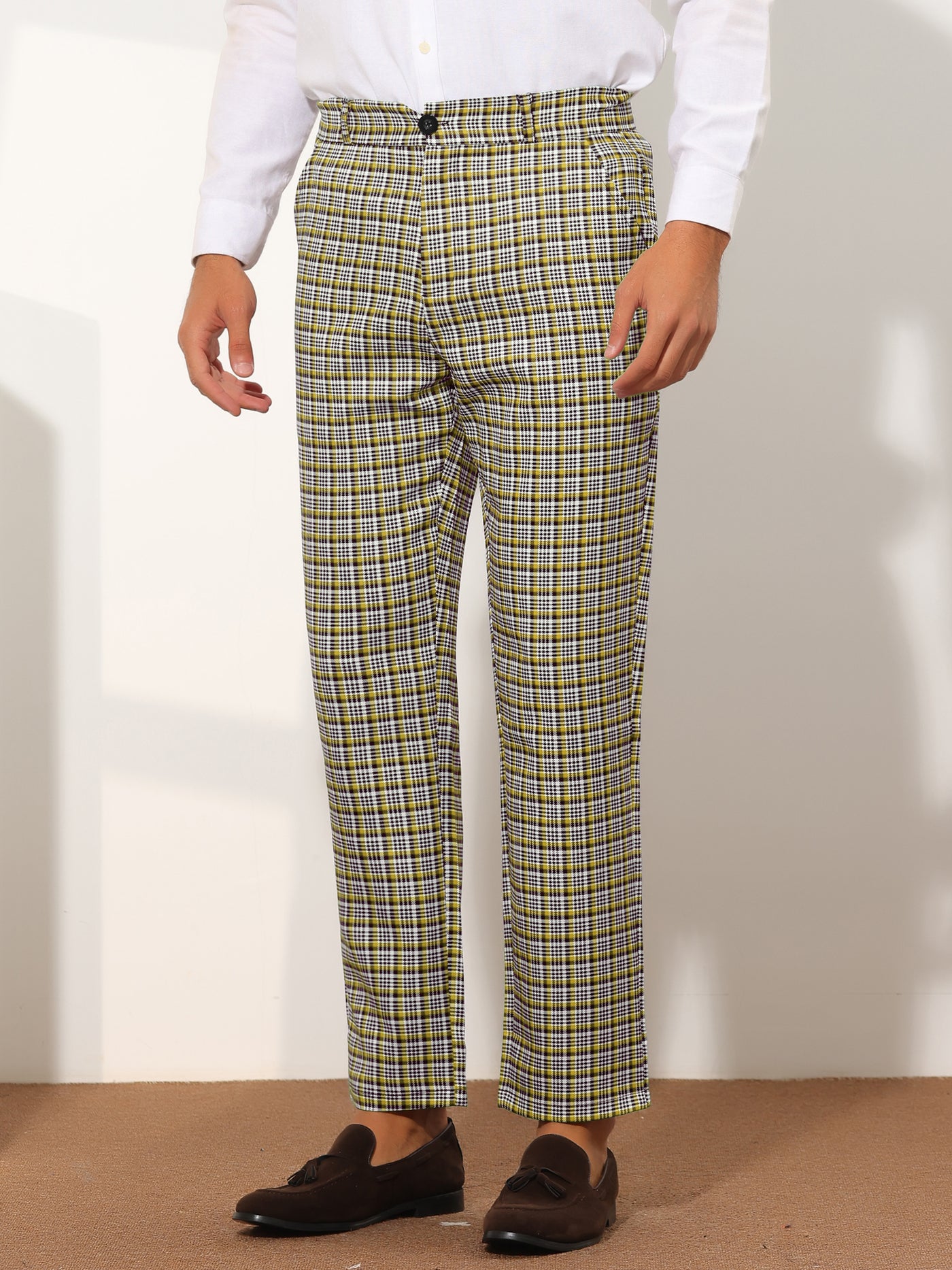 Bublédon Houndstooth Dress Pants for Men's Straight Fit Lightweight Plaid Checked Trousers