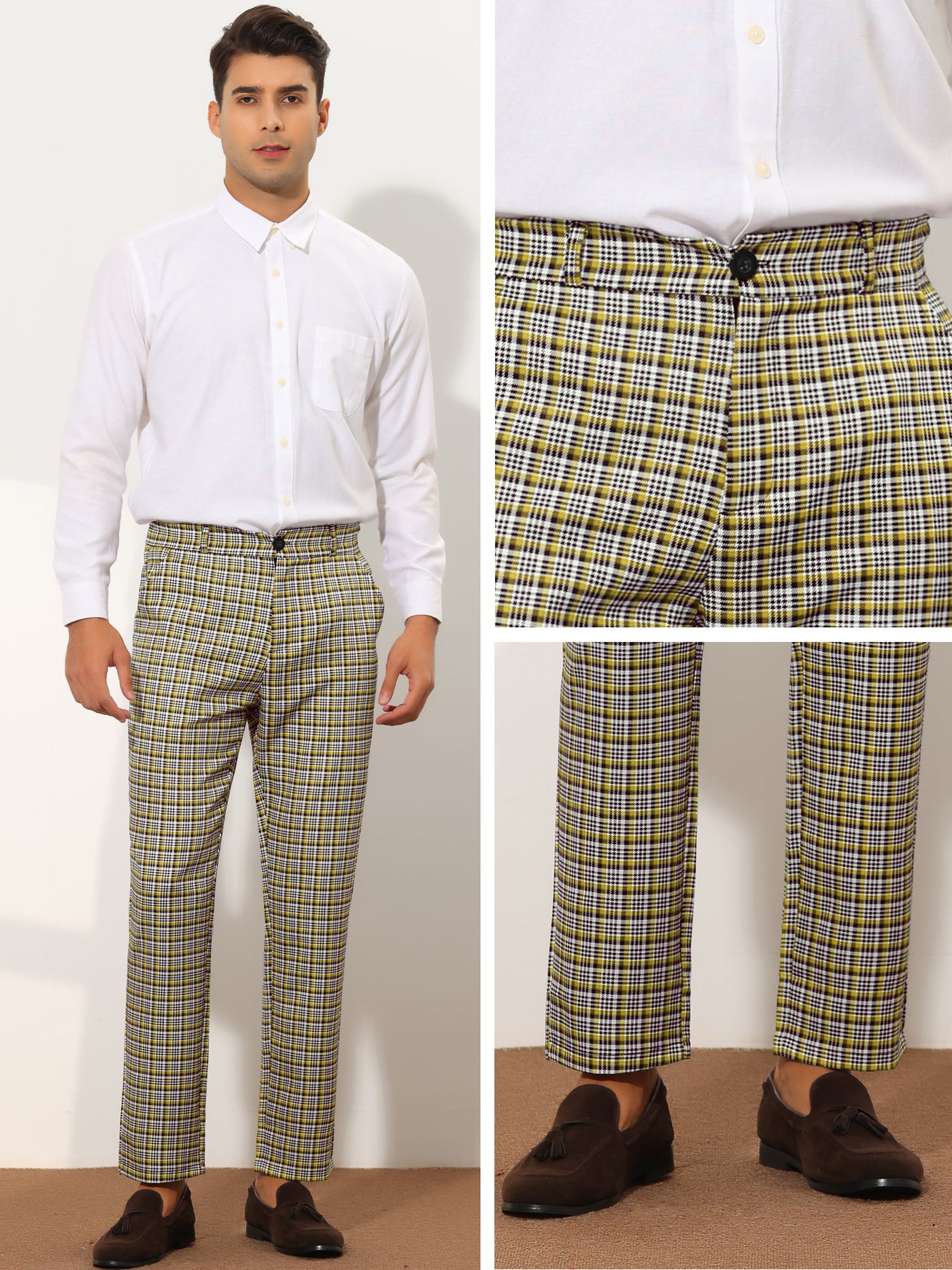 Bublédon Houndstooth Dress Pants for Men's Straight Fit Lightweight Plaid Checked Trousers