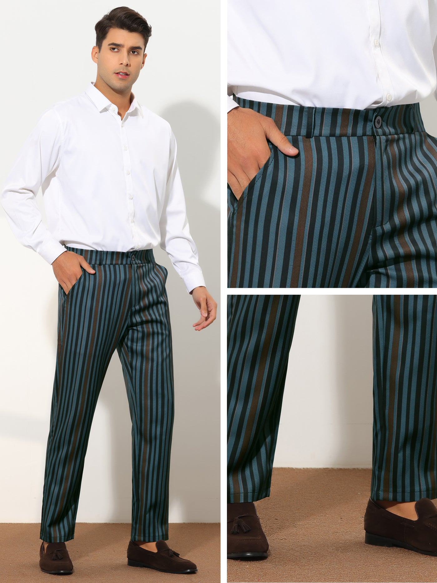 Bublédon Striped Dress Pants for Men's Regular Fit Flat Front Contrast Color Business Trousers