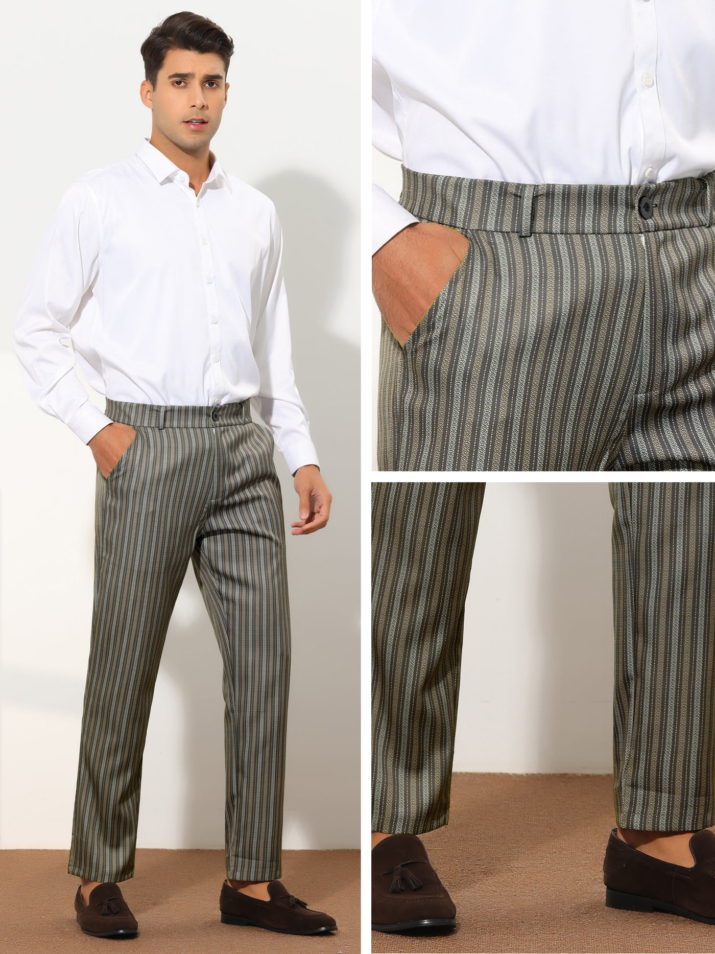 Bublédon Striped Dress Pants for Men's Regular Fit Flat Front Contrast Color Business Trousers