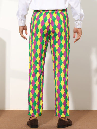 Printed Dress Pants for Men's Regular Fit Flat Front Business Color Block Suit Trousers