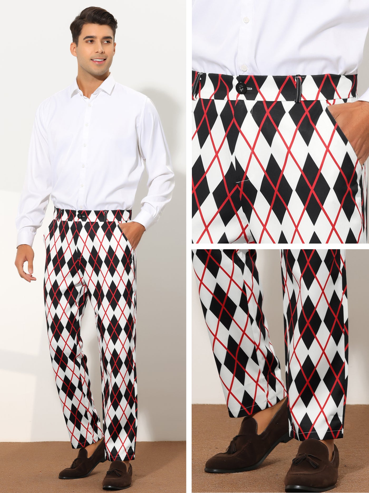 Bublédon Printed Dress Pants for Men's Regular Fit Flat Front Business Color Block Suit Trousers