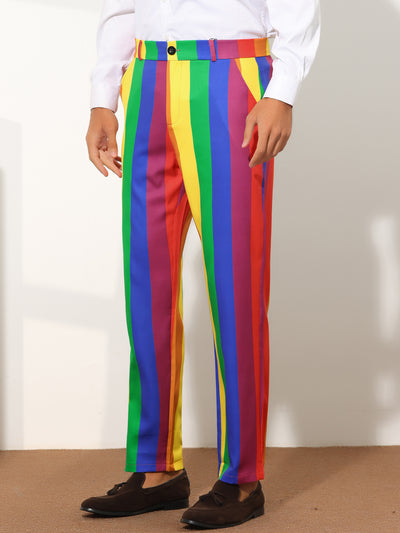 Striped Dress Pants for Men's Regular Fit Flat Front Color Block Rainbow Stripe Trousers