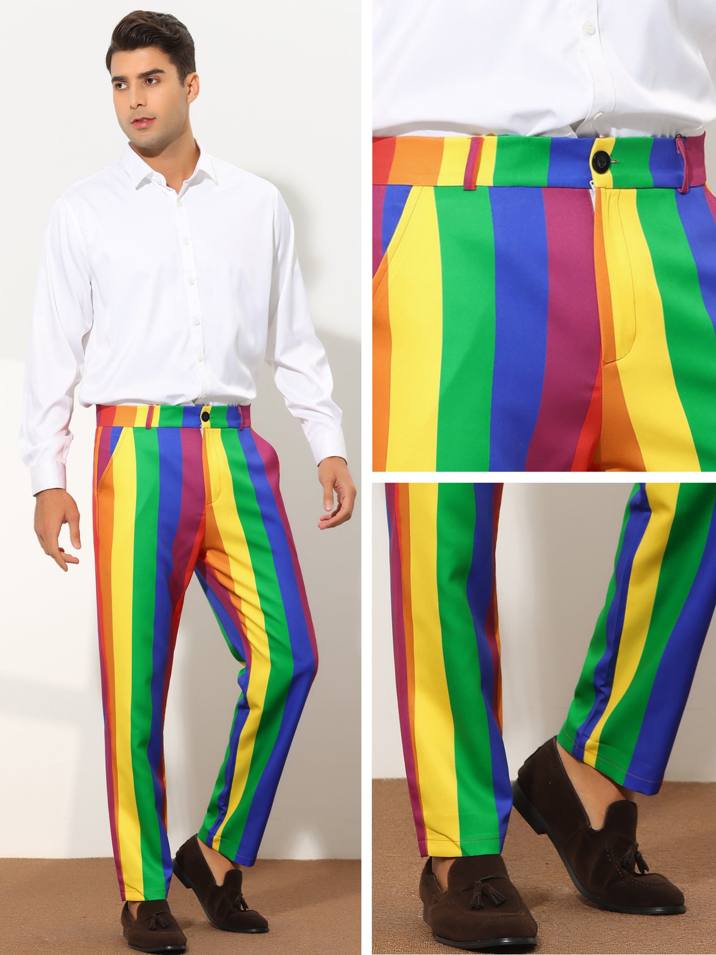 Striped Dress Pants for Men's Regular Fit Flat Front Color Block Rainbow  Stripe Trousers Rainbow Green 36 