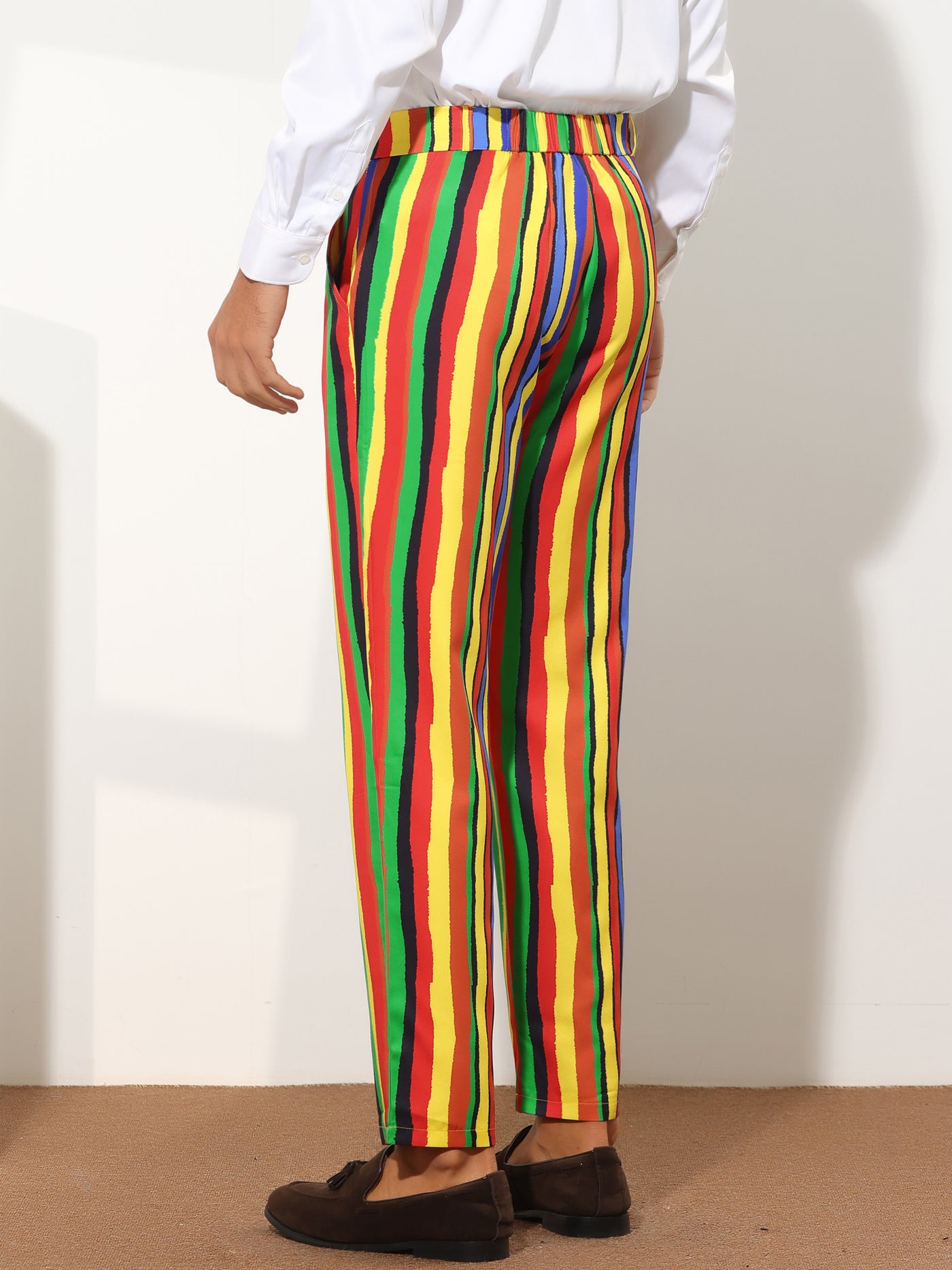 Bublédon Striped Dress Pants for Men's Regular Fit Flat Front Color Block Rainbow Stripe Trousers