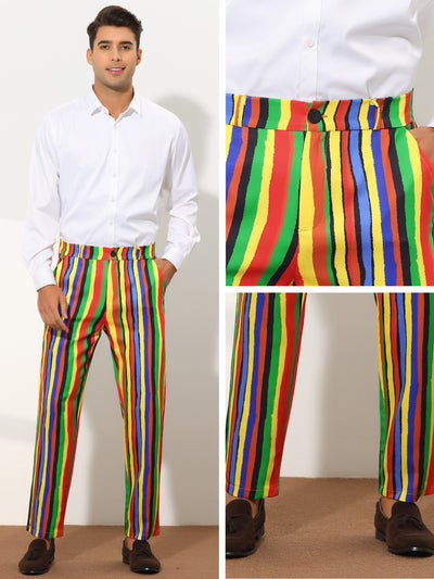 Striped Dress Pants for Men's Regular Fit Flat Front Color Block Rainbow Stripe Trousers