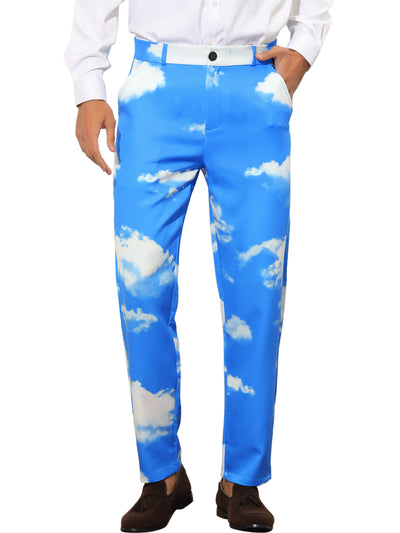 Printed Dress Pants for Men's Regular Fit Flat Front Business Color Block Suit Trousers
