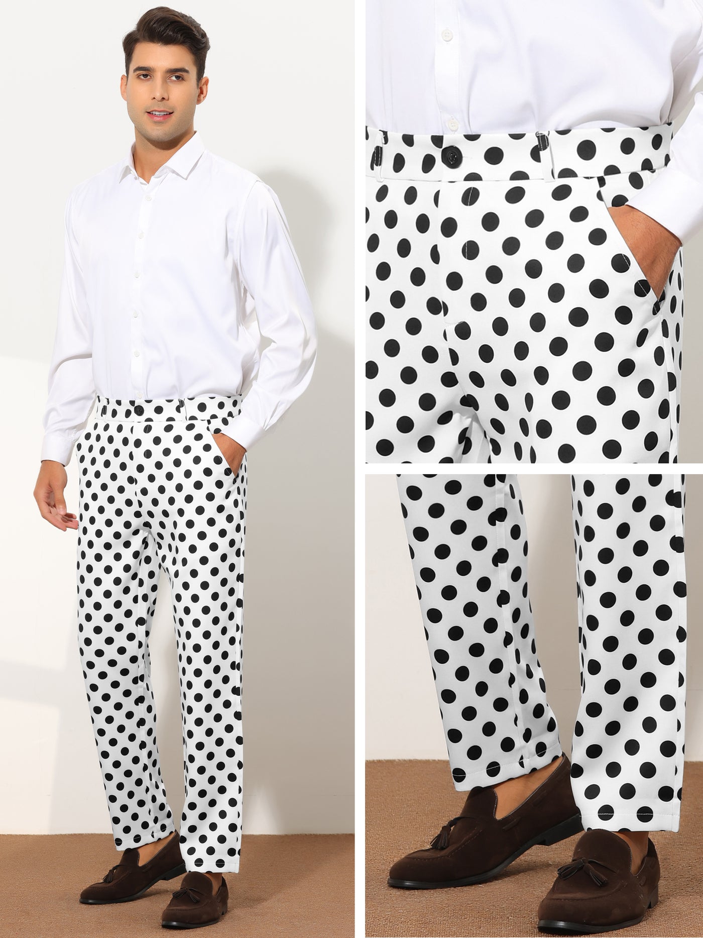 Bublédon Polka Dots Dress Pants for Men's Regular Fit Flat Front Formal Printed Trousers