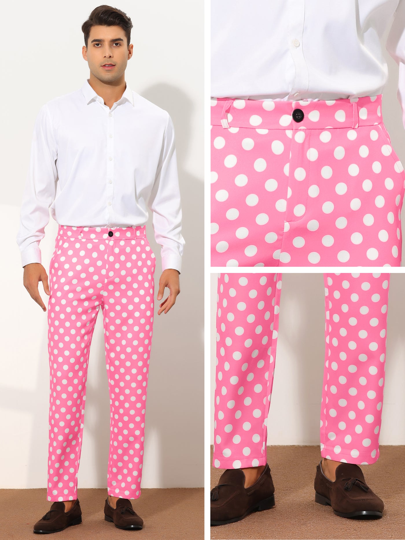 Bublédon Polka Dots Dress Pants for Men's Regular Fit Flat Front Formal Printed Trousers
