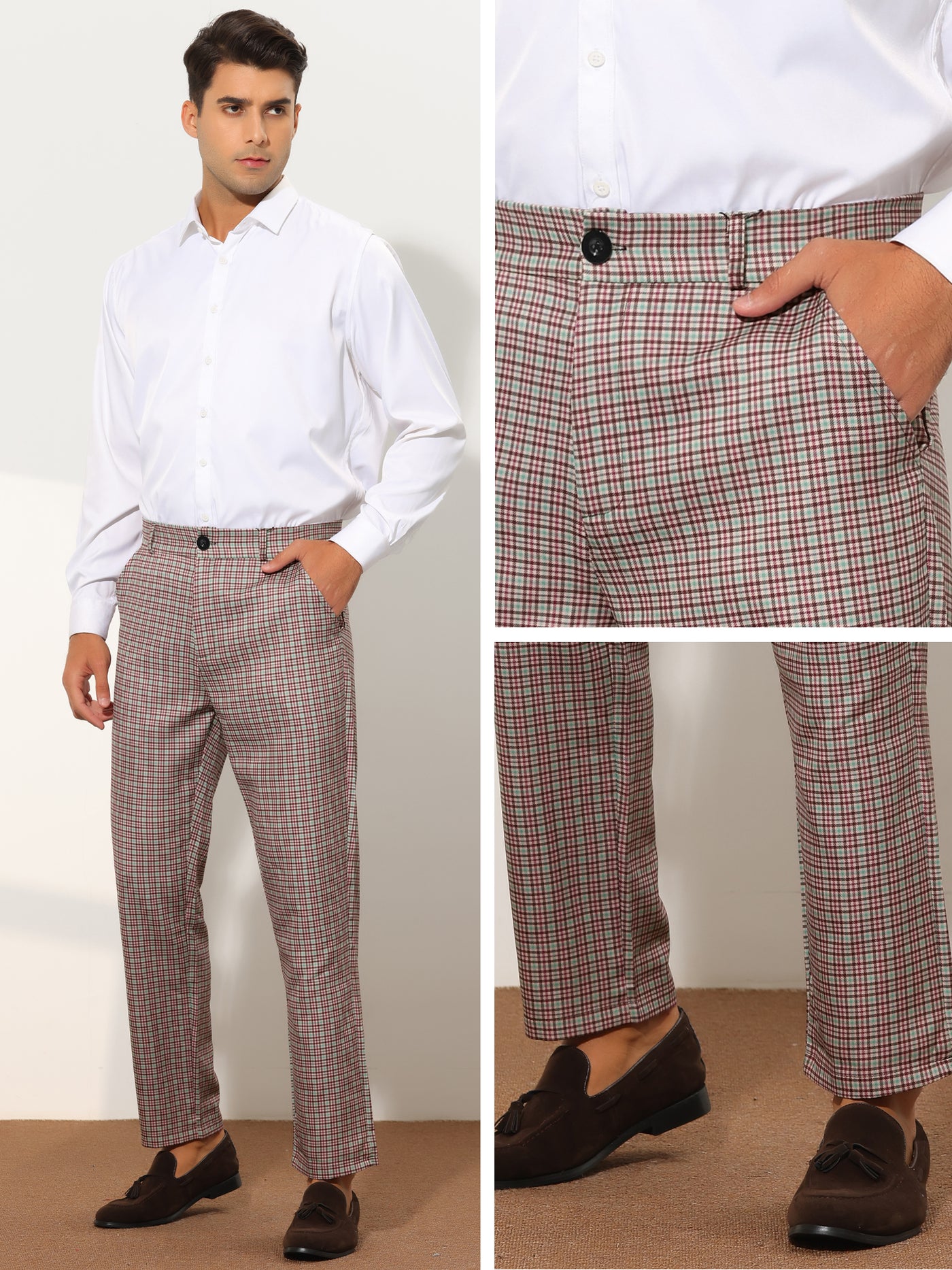 Bublédon Checked Dress Pants for Men's Button Closure Flat Front Business Plaid Pattern Trousers