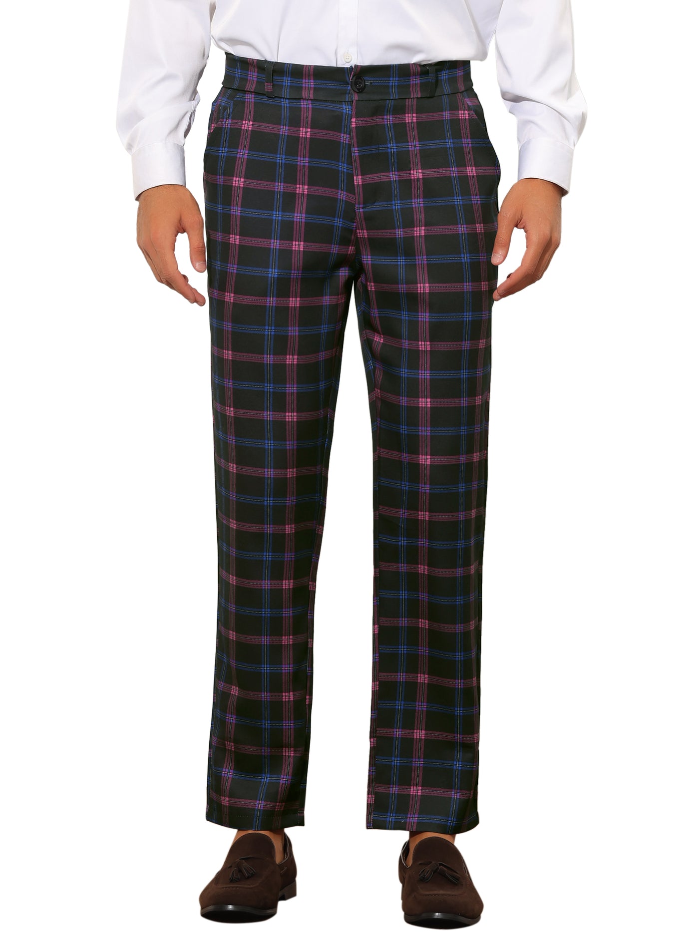 Bublédon Plaid Formal Pants for Men's Straight Fit Flat Front Office Checked Pattern Trousers