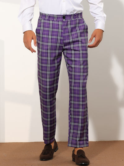 Plaid Formal Pants for Men's Straight Fit Flat Front Office Checked Pattern Trousers