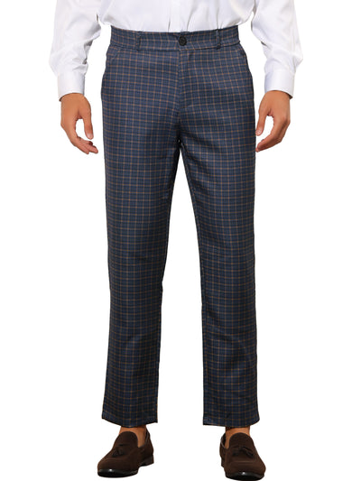 Checked Dress Pants for Men's Button Closure Flat Front Business Plaid Pattern Trousers