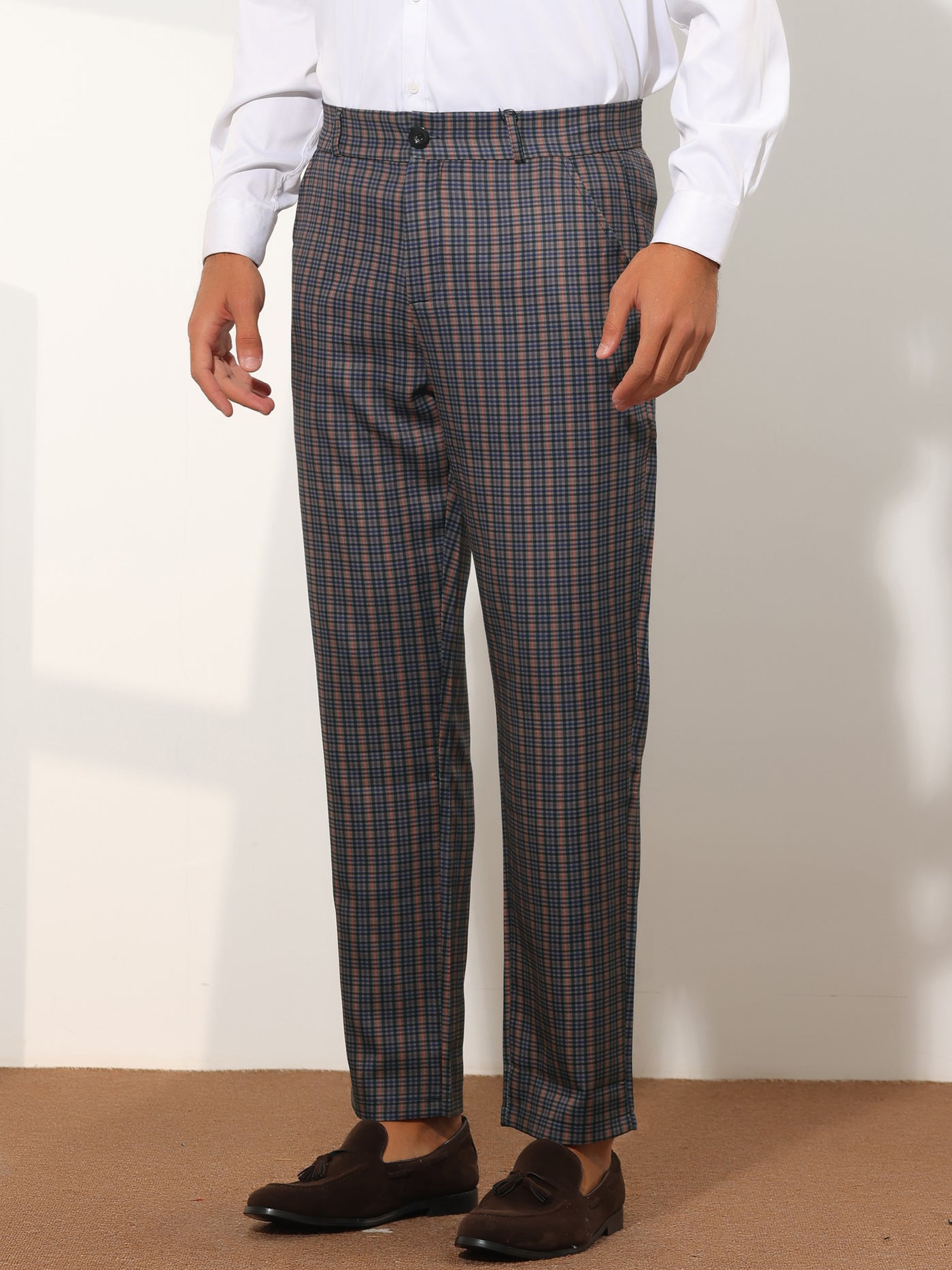 Bublédon Checked Dress Pants for Men's Button Closure Flat Front Business Plaid Pattern Trousers