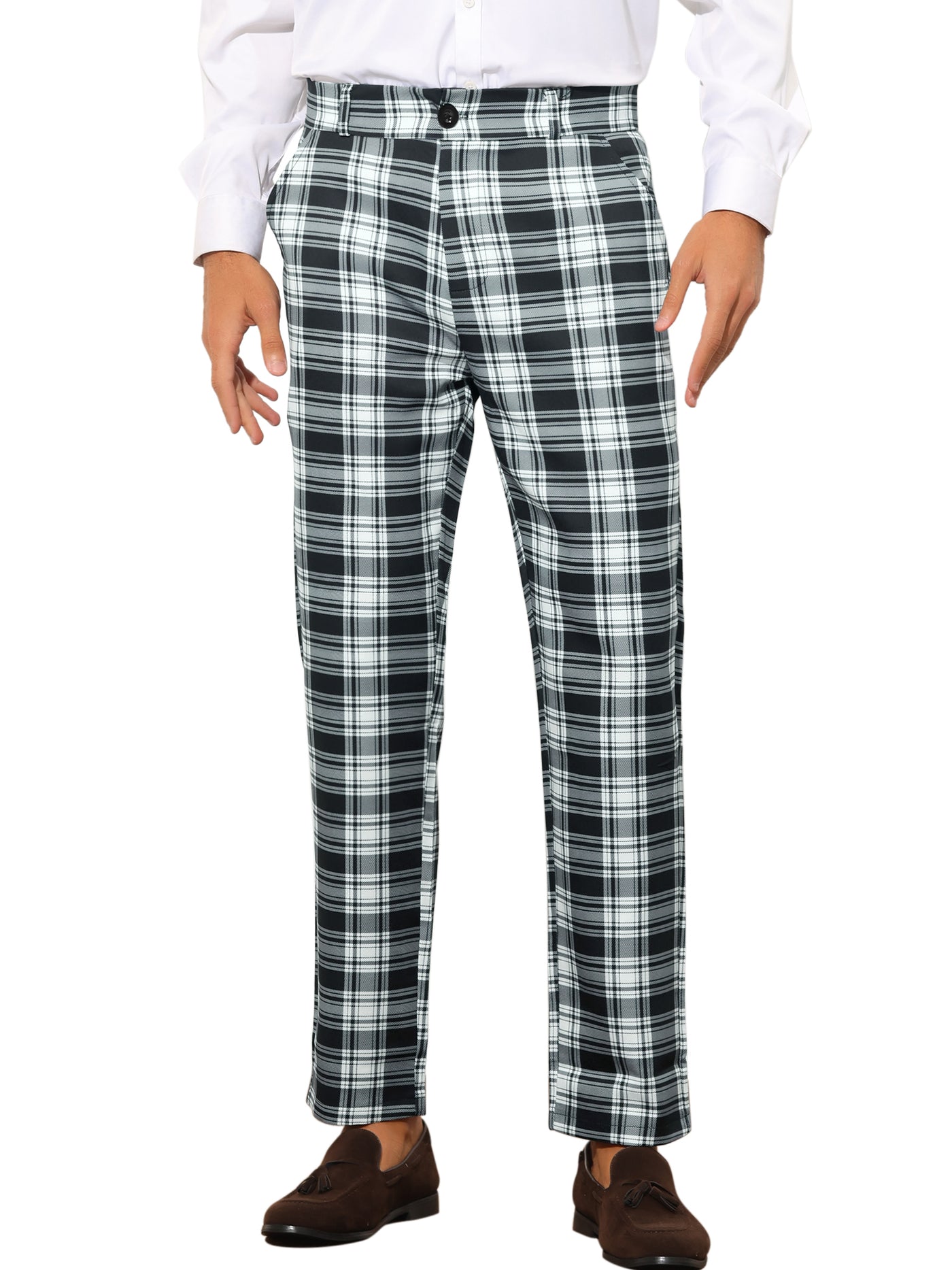 Bublédon Plaid Formal Pants for Men's Straight Fit Flat Front Office Checked Pattern Trousers