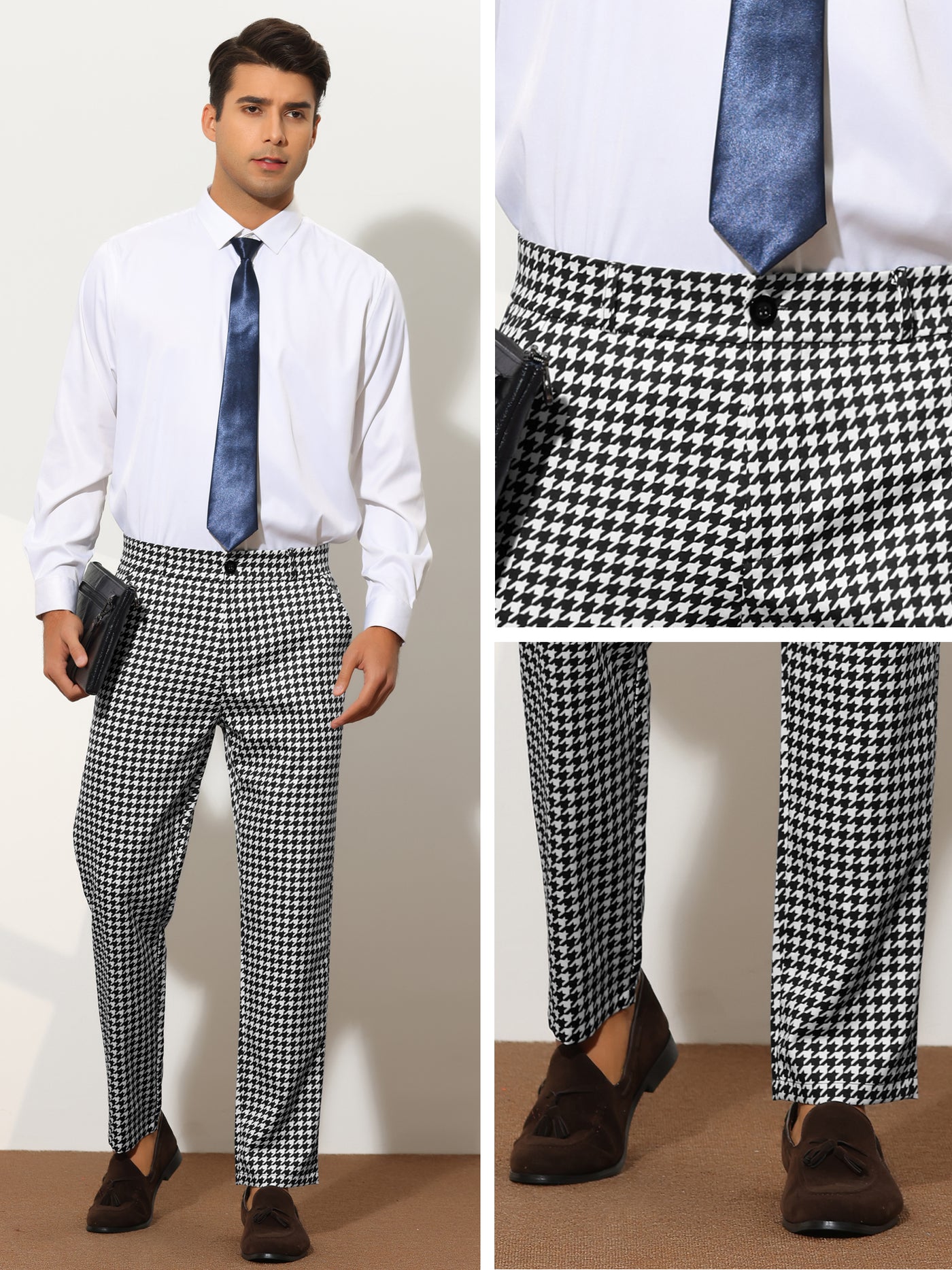 Bublédon Houndstooth Pattern Pants for Men's Slim Fit Classic Business Plaid Dress Trousers