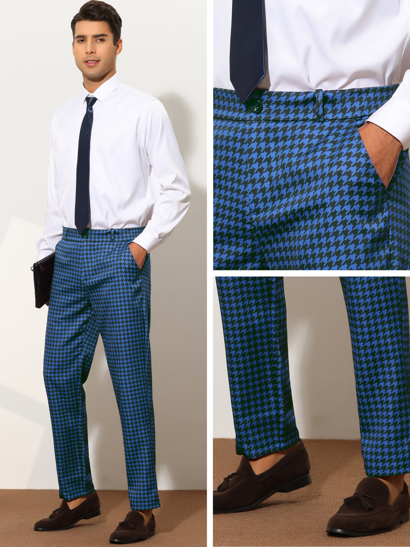 Bublédon Houndstooth Pattern Pants for Men's Slim Fit Classic Business Plaid Dress Trousers