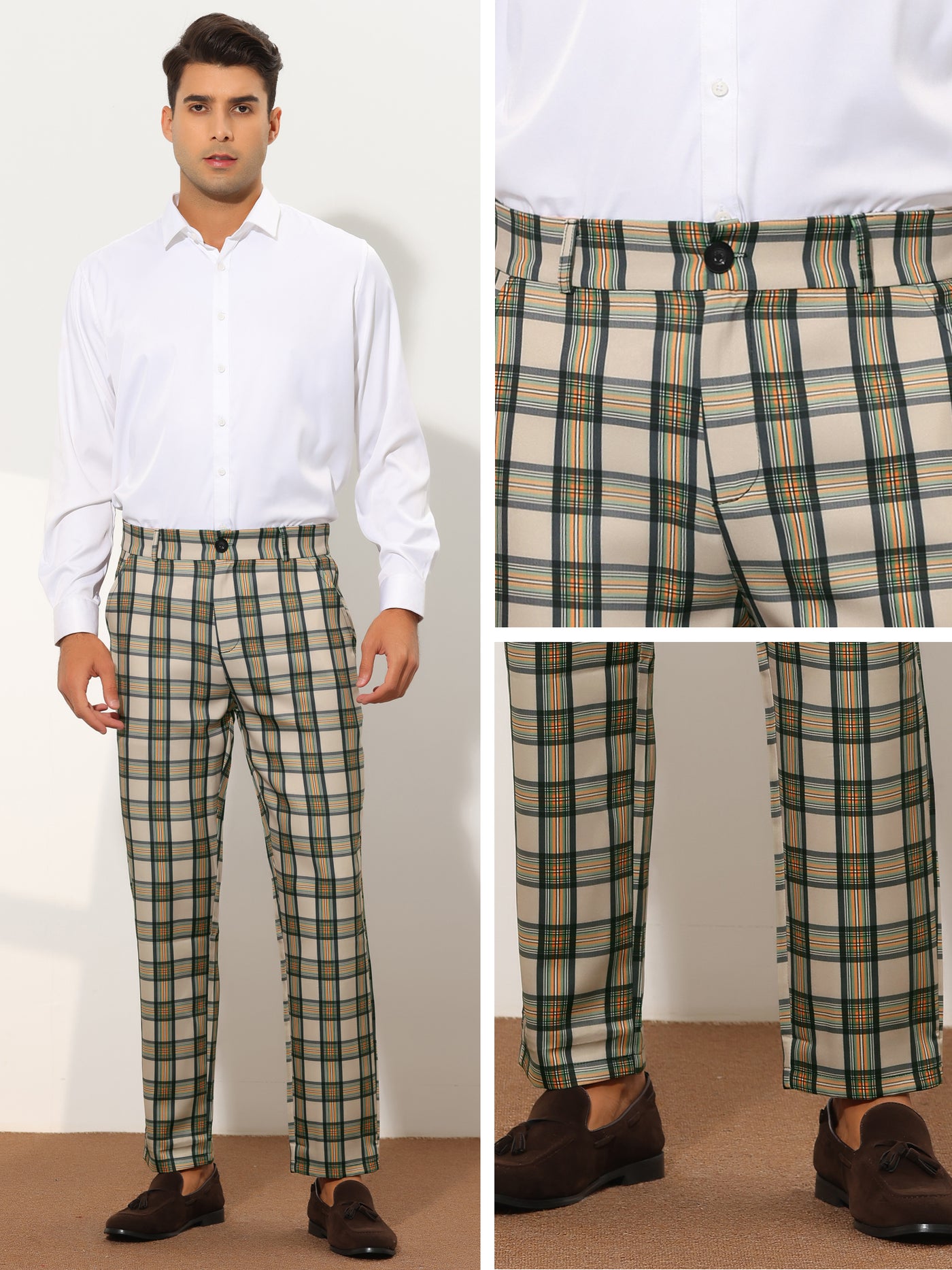 Bublédon Checked Pattern Dress Pants for Men's Flat Front Straight Fit Plaid Formal Trousers