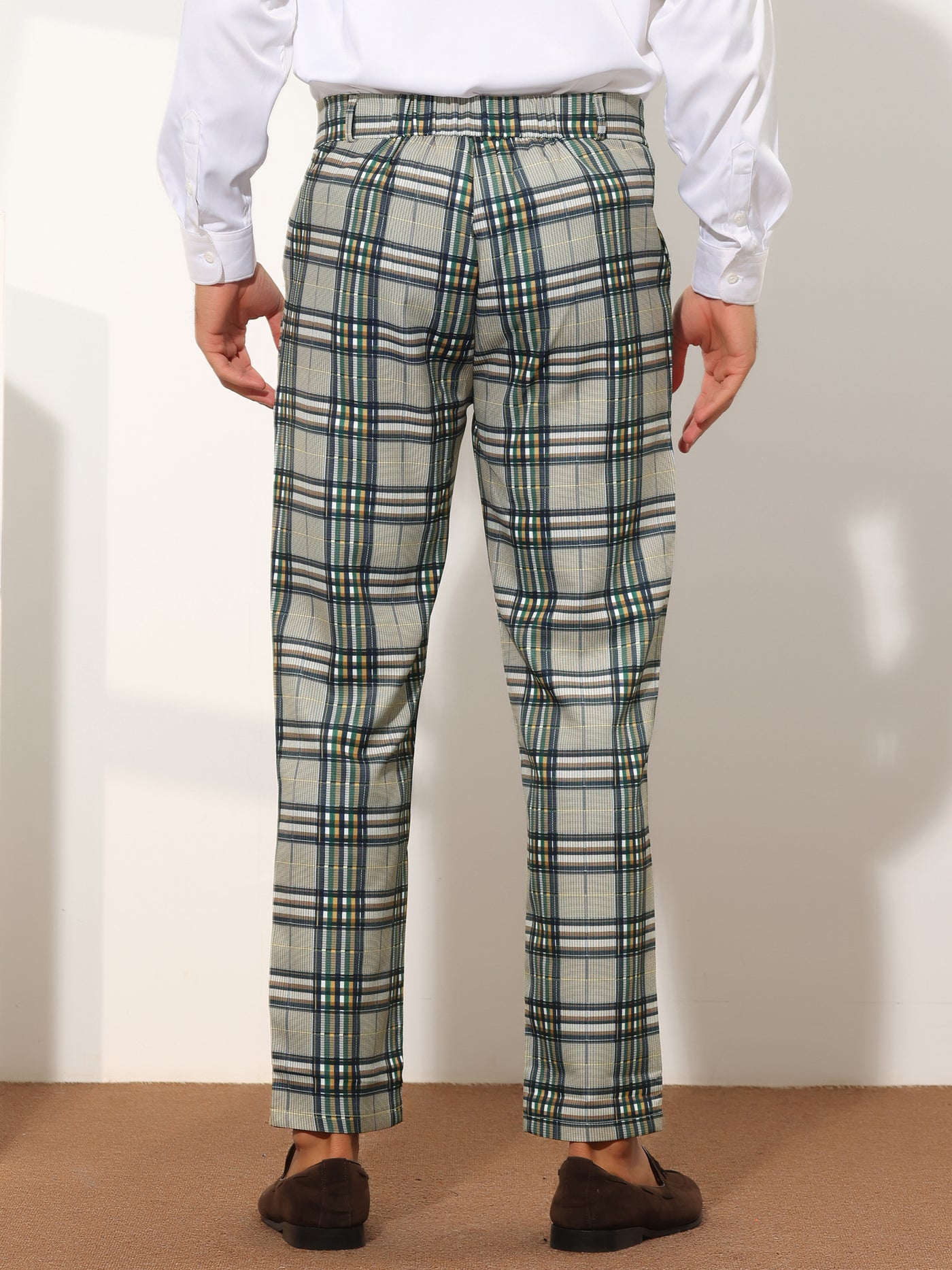 Bublédon Checked Pattern Dress Pants for Men's Flat Front Straight Fit Plaid Formal Trousers