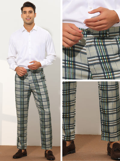 Checked Pattern Dress Pants for Men's Flat Front Straight Fit Plaid Formal Trousers