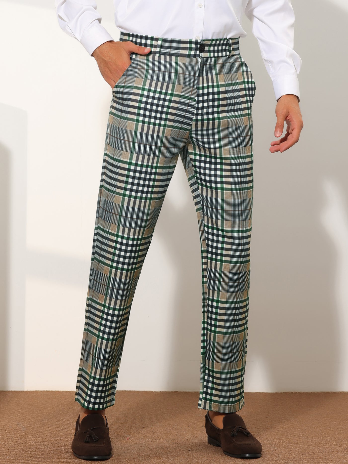Bublédon Men's Business Plaid Dress Pants Straight Fit Flat Front Checked Pattern Trousers