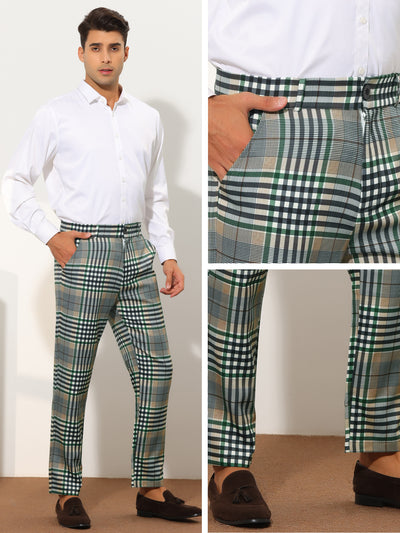 Men's Business Plaid Dress Pants Straight Fit Flat Front Checked Pattern Trousers