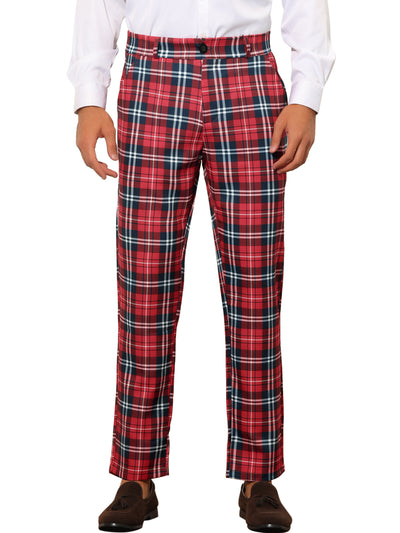 Men's Business Plaid Dress Pants Straight Fit Flat Front Checked Pattern Trousers