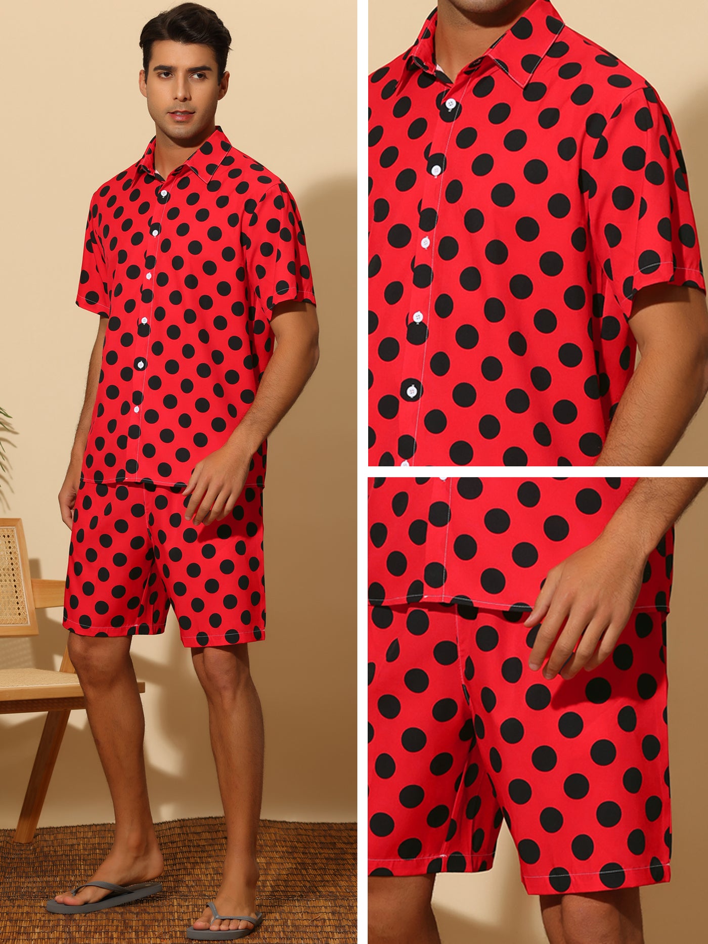 Bublédon Polka Dots Hawaiian Set for Men's Short Sleeves Summer Shirts 2 Pieces Suit