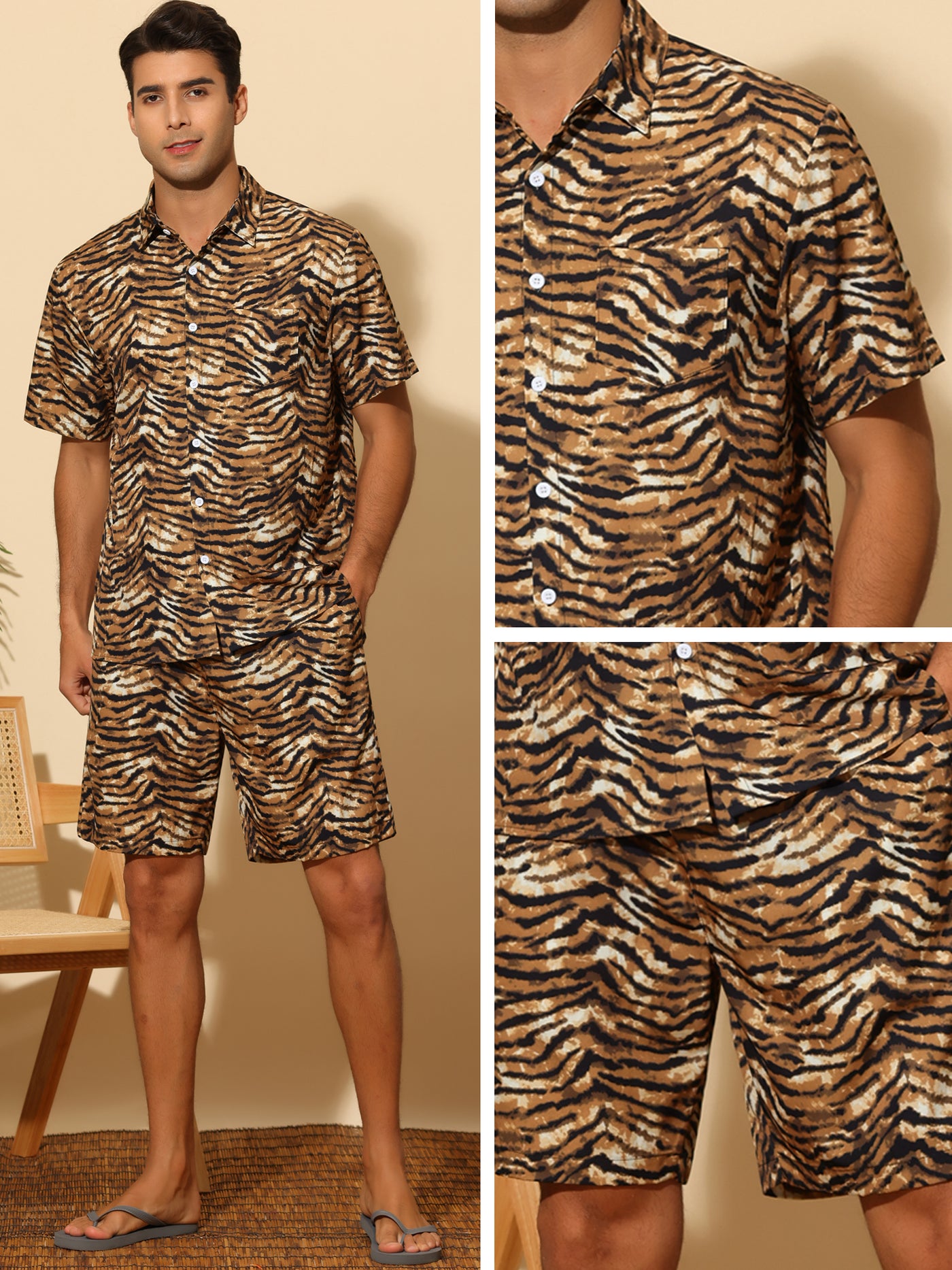 Bublédon Animal Printed Shirts for Men's Short Sleeves Hawaiian Set 2 Pieces Summer Outfit