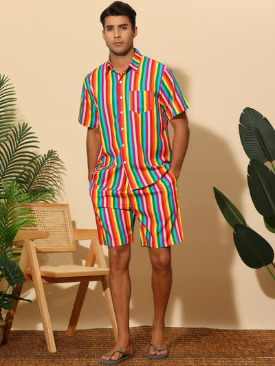 Bublédon Striped Men's Short Sleeves Beach Hawaiian Shirt and Shorts Suits Set