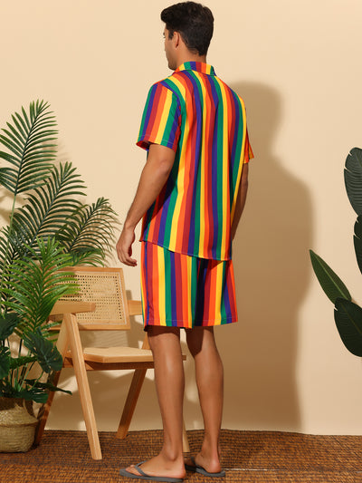Striped Men's Short Sleeves Beach Hawaiian Shirt and Shorts Suits Set