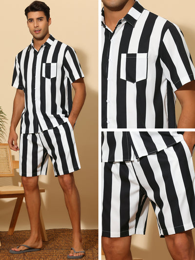 Striped Men's Short Sleeves Beach Hawaiian Shirt and Shorts Suits Set