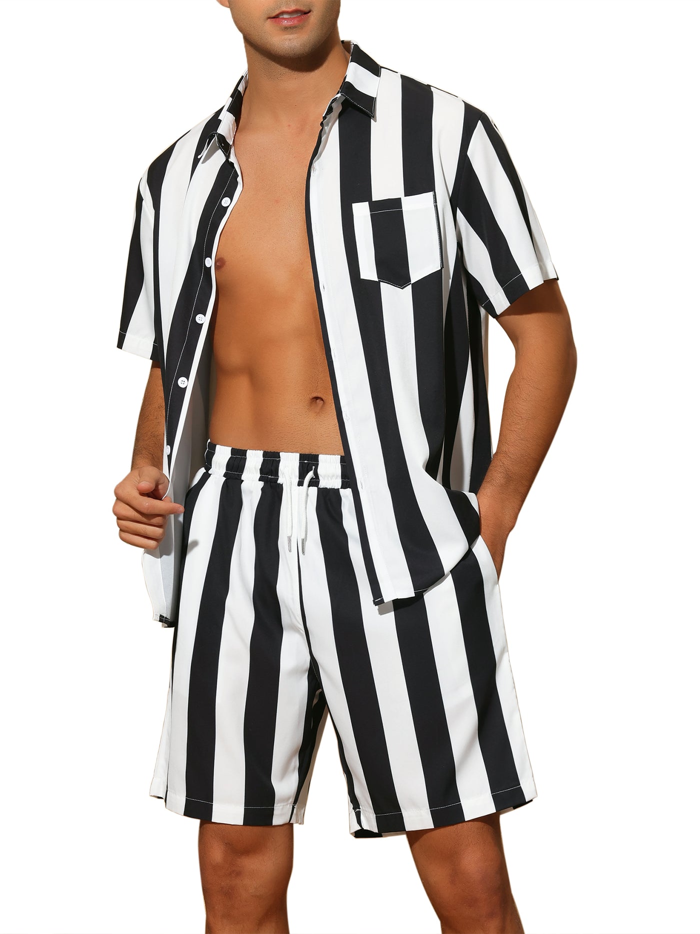 Bublédon Striped Men's Short Sleeves Beach Hawaiian Shirt and Shorts Suits Set