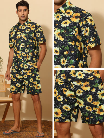 Summer Printed Shirts Set for Men's Short Sleeves Color Block Hawaiian Outfit 2 Pieces