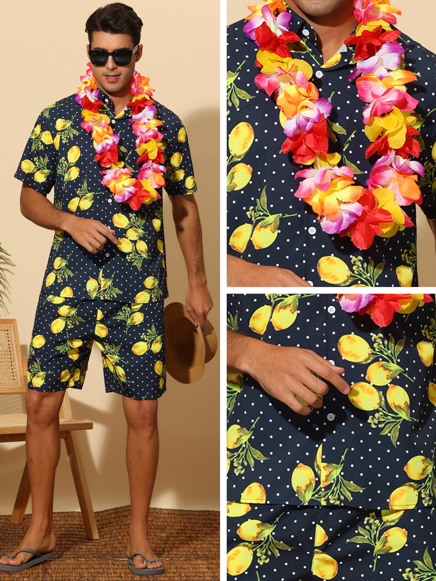 Bublédon Summer Printed Shirts Set for Men's Short Sleeves Color Block Hawaiian Outfit 2 Pieces