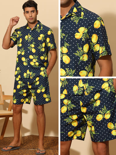 Summer Printed Shirts Set for Men's Short Sleeves Color Block Hawaiian Outfit 2 Pieces