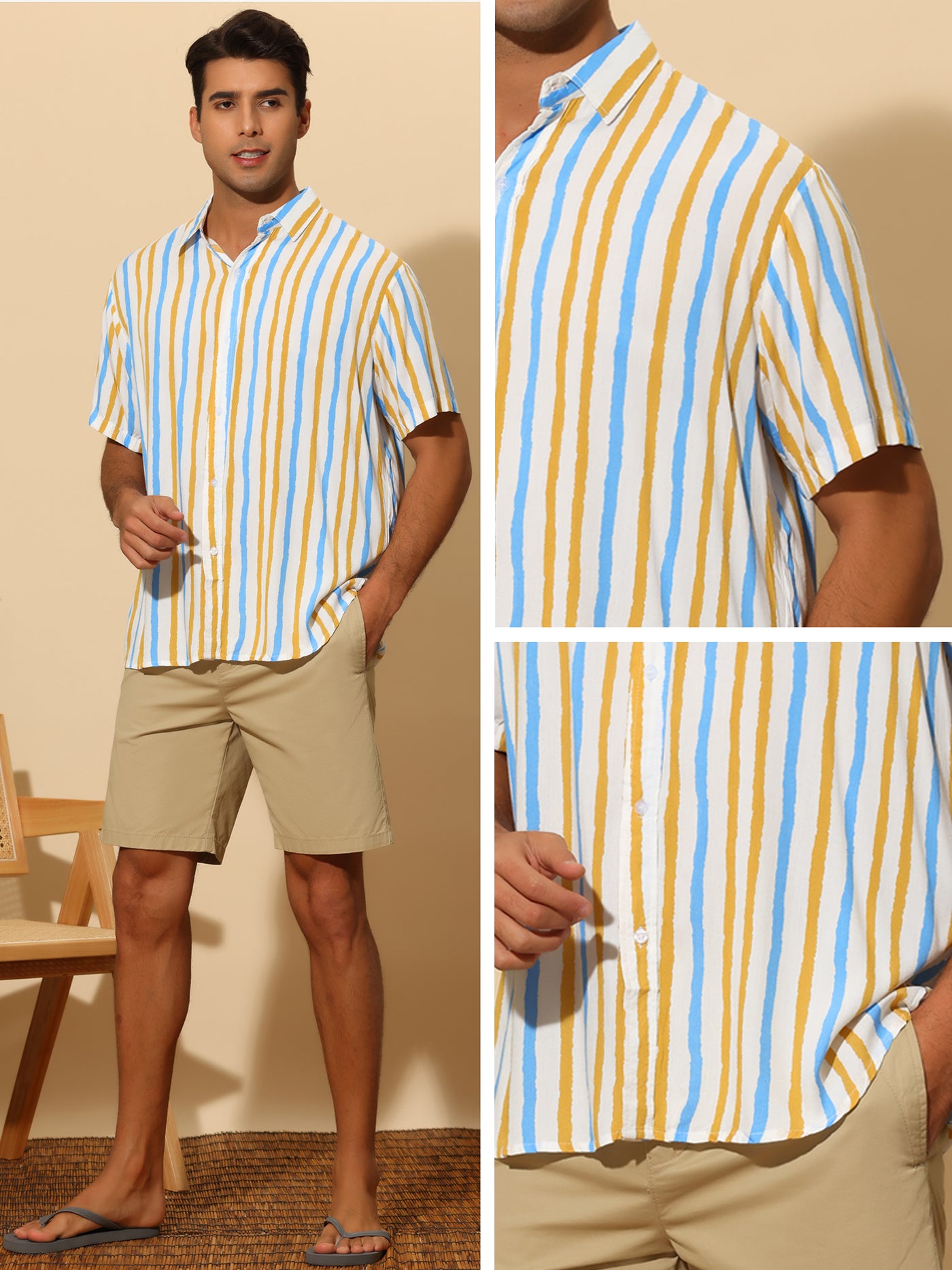 Bublédon Striped Men's Button Down Short Sleeve Summer Hawaiian Shirts