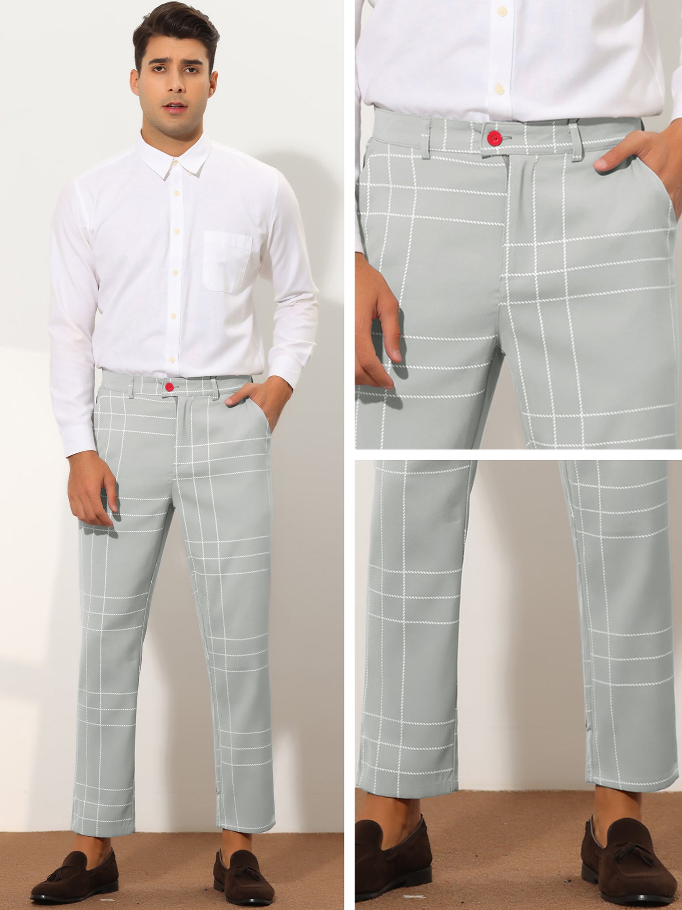 Bublédon Men's Plaid Pants Slim Fit Chino Flat Front Business Checked Trousers
