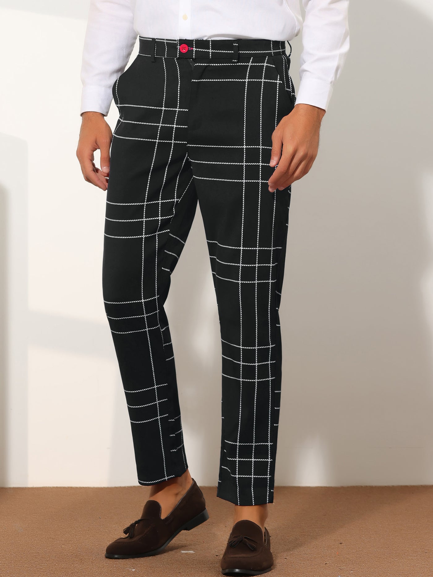 Bublédon Men's Plaid Pants Slim Fit Chino Flat Front Business Checked Trousers