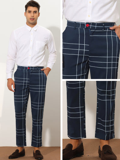 Men's Plaid Pants Slim Fit Chino Flat Front Business Checked Trousers